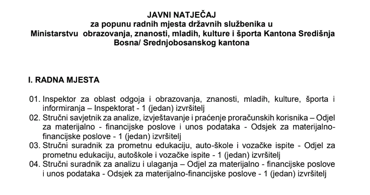 JAVNI NATJEČAJ za popunu radnih mjesta državnih službenika u Ministarstvu obrazovanja, znanosti, mladih, kulture i športa Kantona Središnja Bosna/ Srednjobosanskog kantona